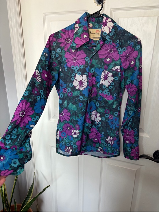 Tops - Vintage 1970s Floral Button-Up Disco Shirt